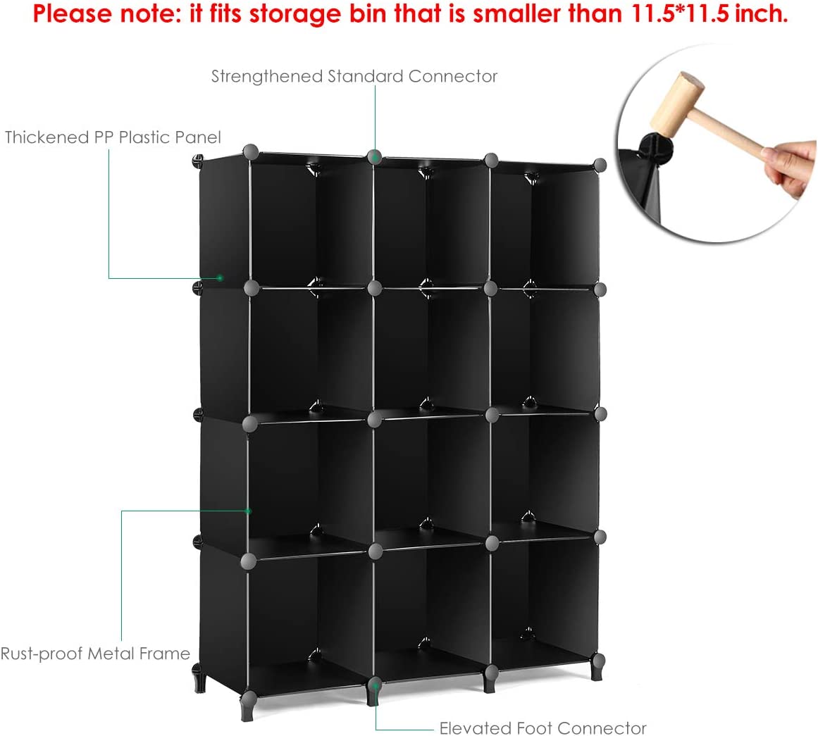 TomCare Cube Storage 12-Cube Bookshelf Closet Organizer Storage Shelves Shelf Cubes Organizer Plastic Book Shelf Bookcase DIY Square Closet Cabinet Shelves for Bedroom Office Living Room, Black