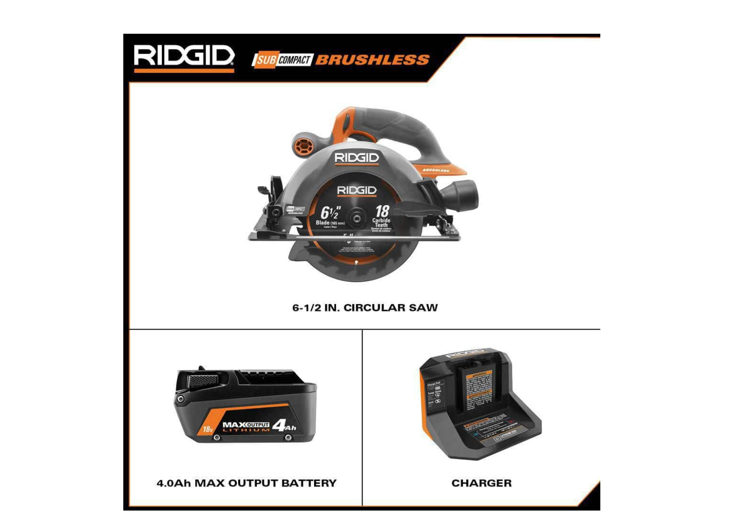 RIDGID R8656KN 18V Brushless Cordless SubCompact 6-1/2 in. Circular Saw Kit with 4.0 Ah MAX Output Battery and Charger
