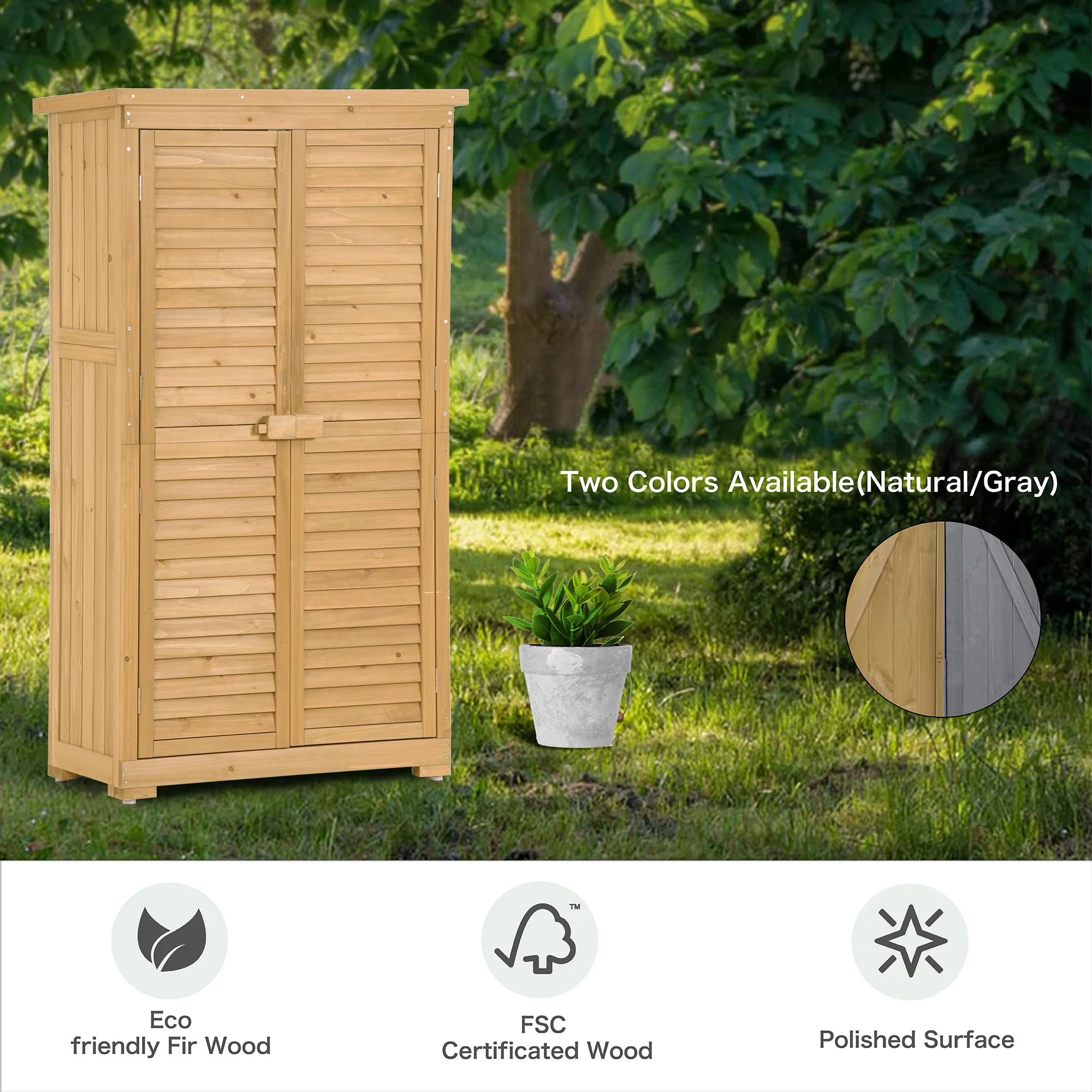 Outdoor Garden Wooden Storage Cabinet  . 3-tier Fir Wood Lockers with Shutter for Garden Backyard Garage  .Nature Color