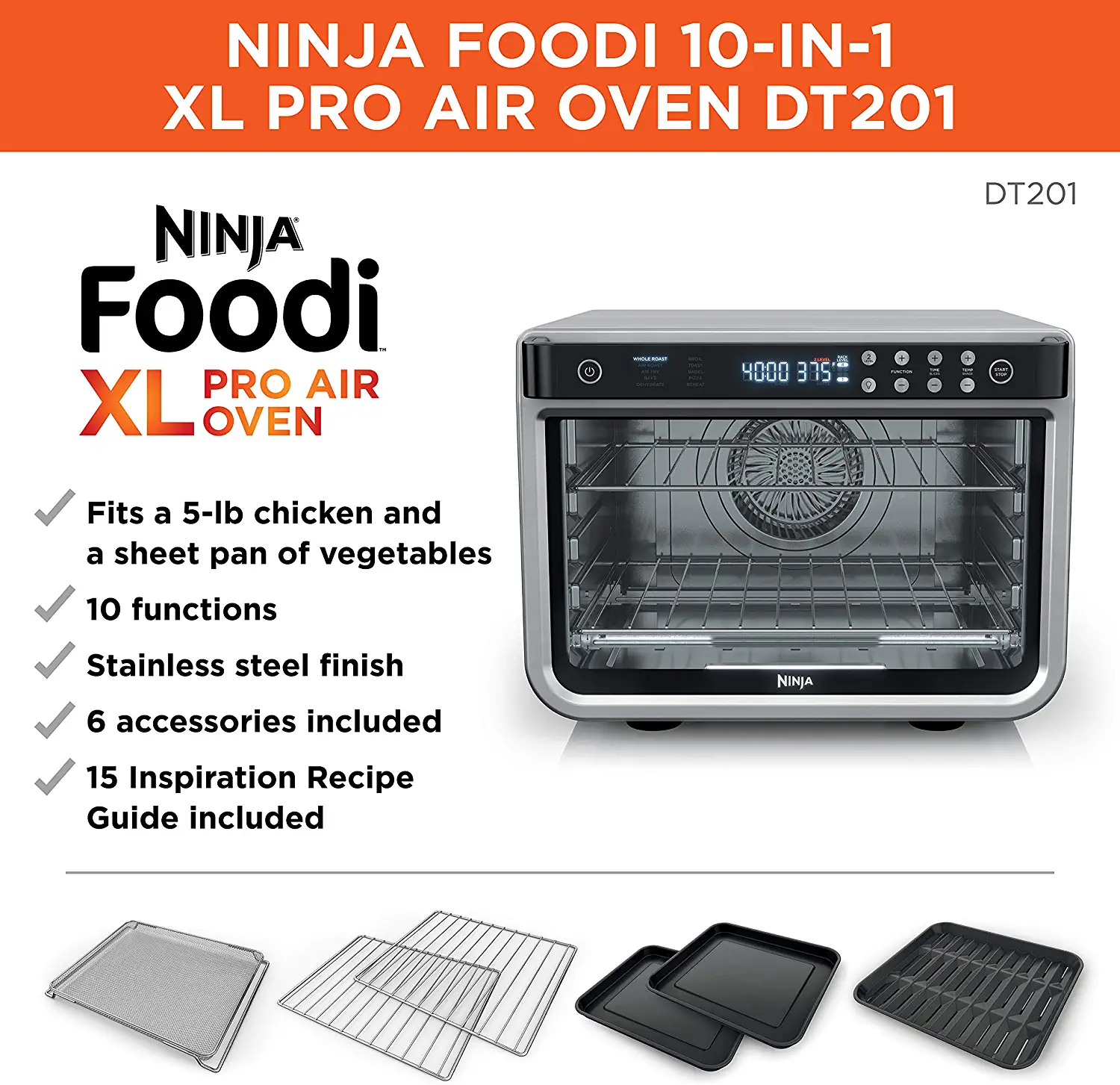 Ninja DT201 Foodi Air Fry Oven 6-Slice Stainless Steel Convection Toaster Oven (1800-Watt)