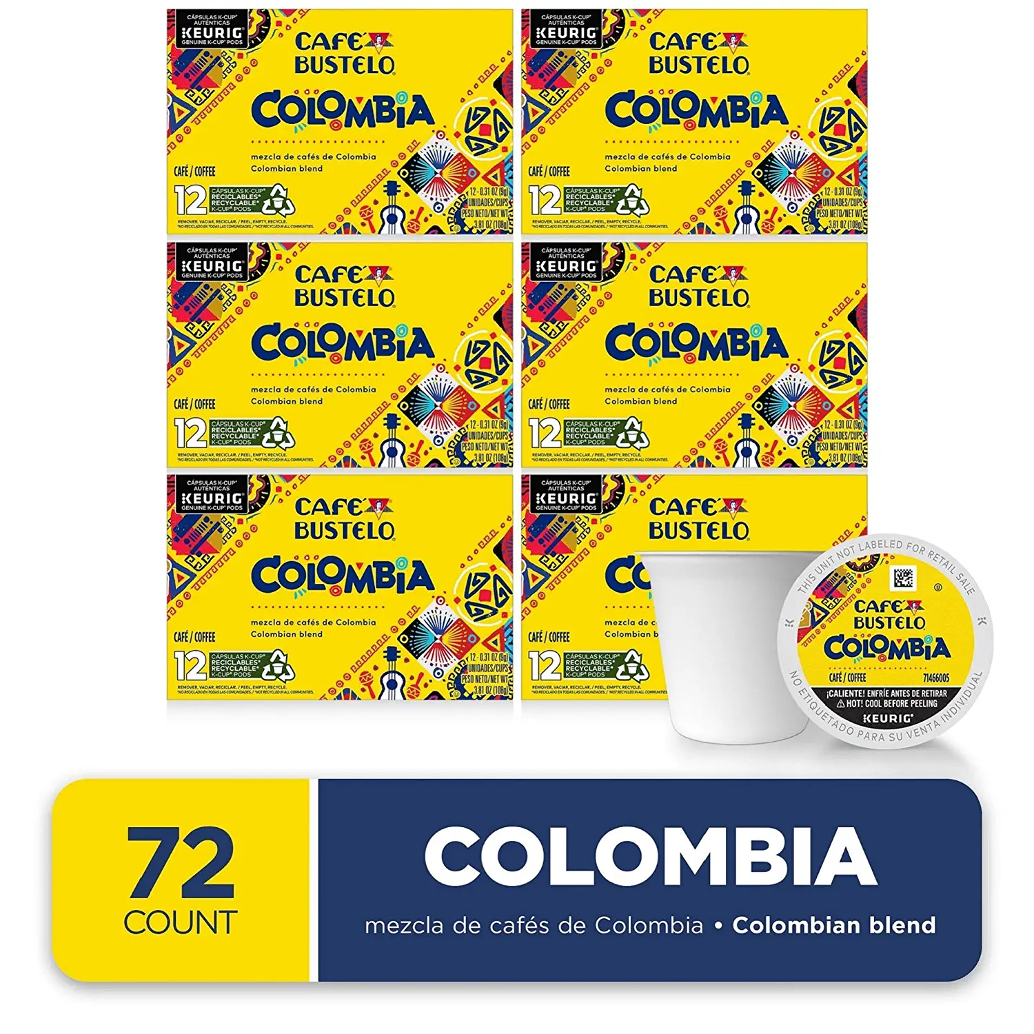 Café Bustelo 100% Colombian Medium Roast Coffee 72 Keurig K-Cup Pods 12 Count (Pack of 6)