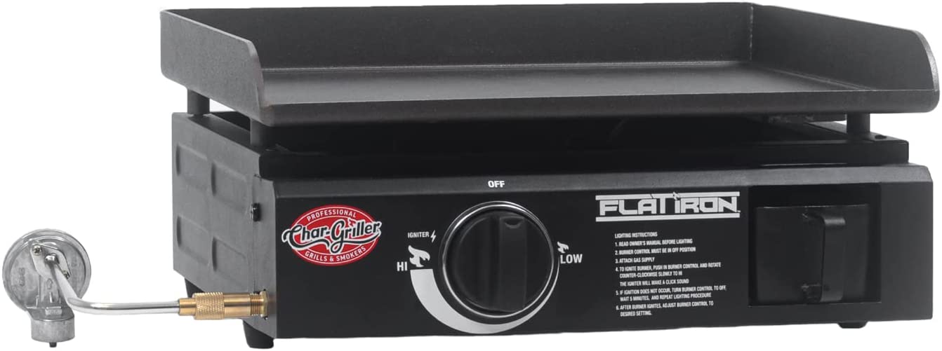 Char-Griller E8217 Flat Iron Portable Table Top 17” Gas Griddle Propane Grill, Black
