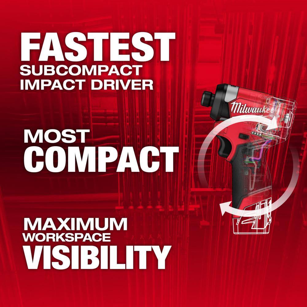 Milwaukee 3453-21 M12 FUEL 12-Volt Lithium-Ion Brushless Cordless 1/4 in. Hex Impact Driver Compact Kit W 2.0Ah Battery and Bag
