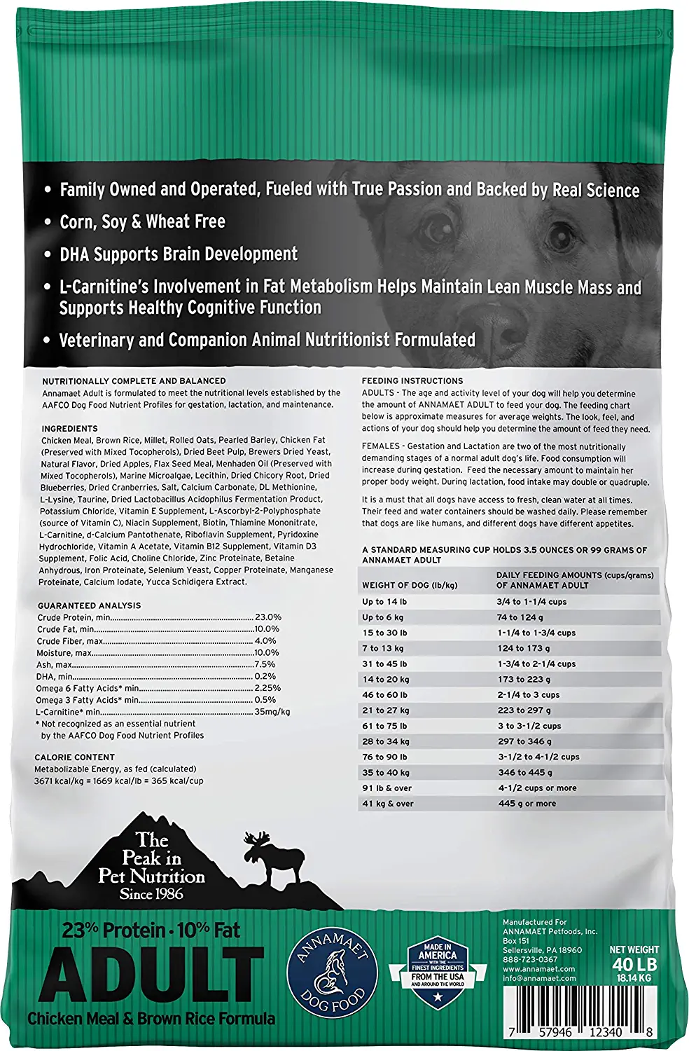 Annamaet Original Adult Formula Dry Dog Food 23% Protein (Chicken & Brown Rice), 40-lb bag