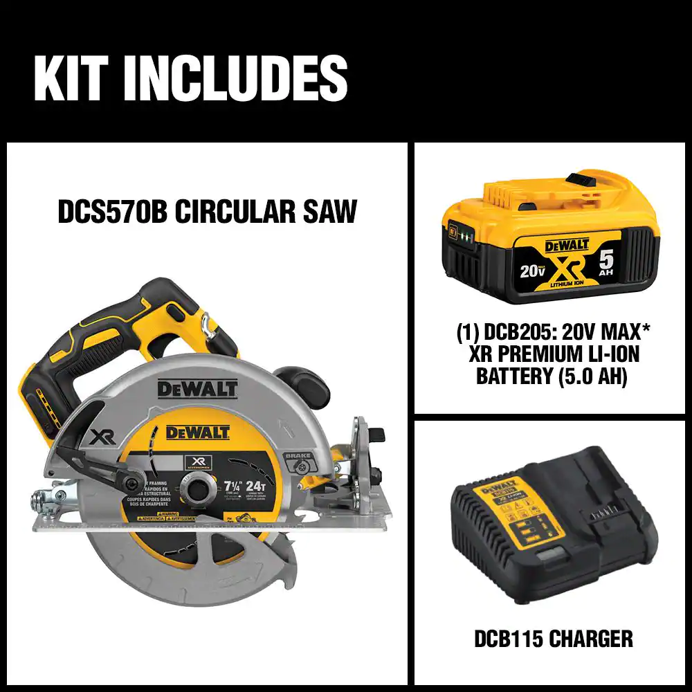 DEWALT DCS570P1 20-Volt MAX XR Cordless Brushless 7-1/4 in. Circular Saw with (1) 20-Volt Battery 5.0Ah & Charger