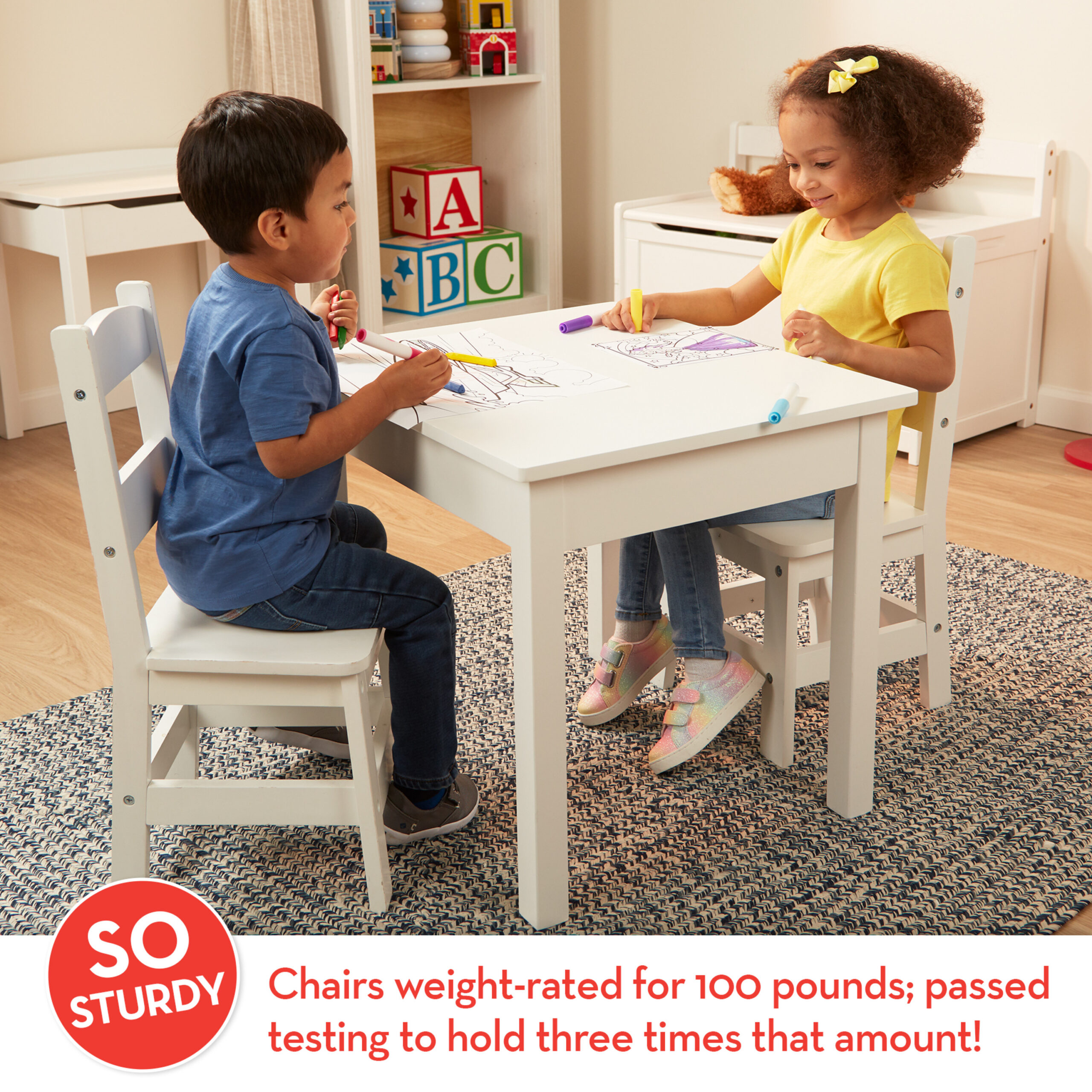 Melissa & Doug Wooden Kids Table and 2 Chairs Set – White Furniture for Playroom