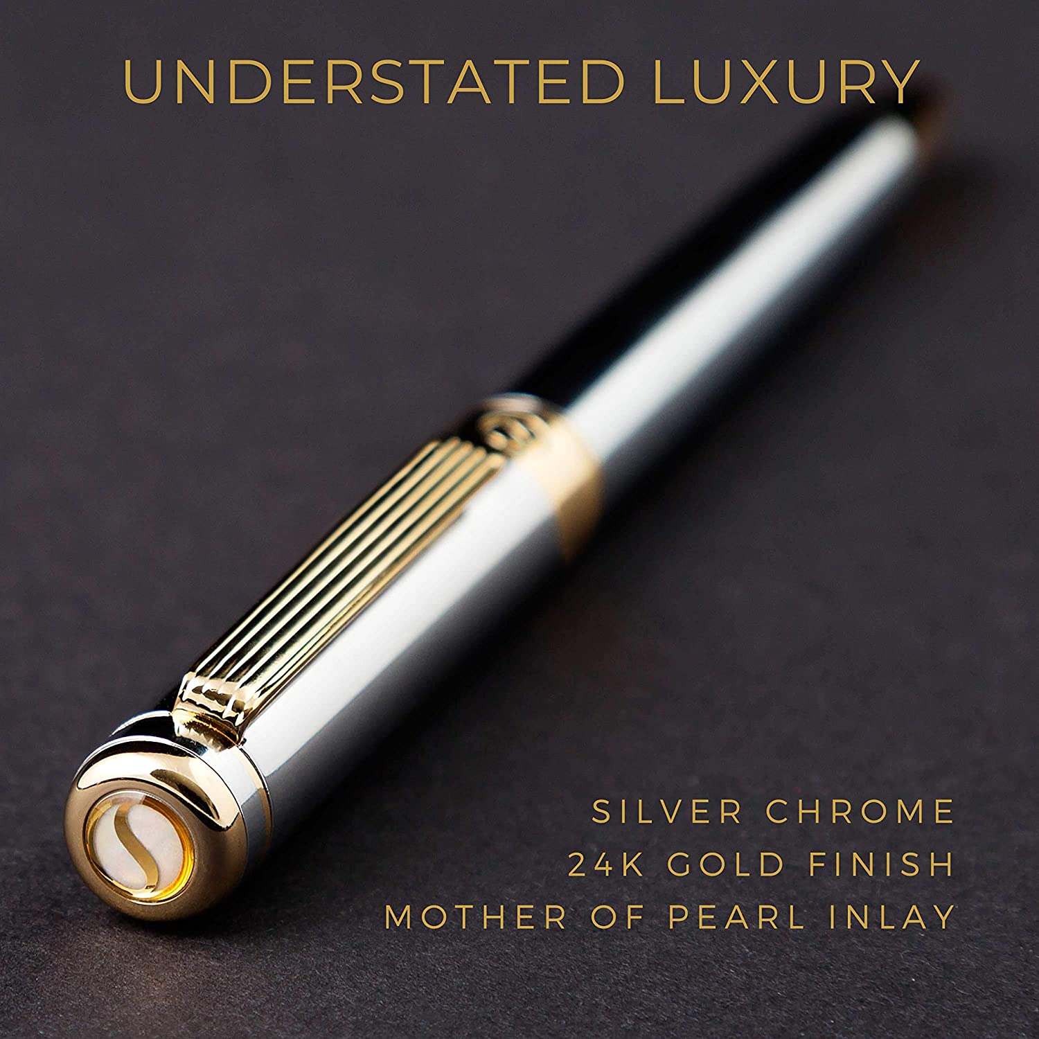 Scriveiner Silver Chrome Rollerball Pen – Stunning Luxury Pen with 24K Gold Finish, Schmidt Ink Refill, Best Roller Ball Pen Gift Set for Men & Women, Professional, Executive Office, Nice, Fancy Pens