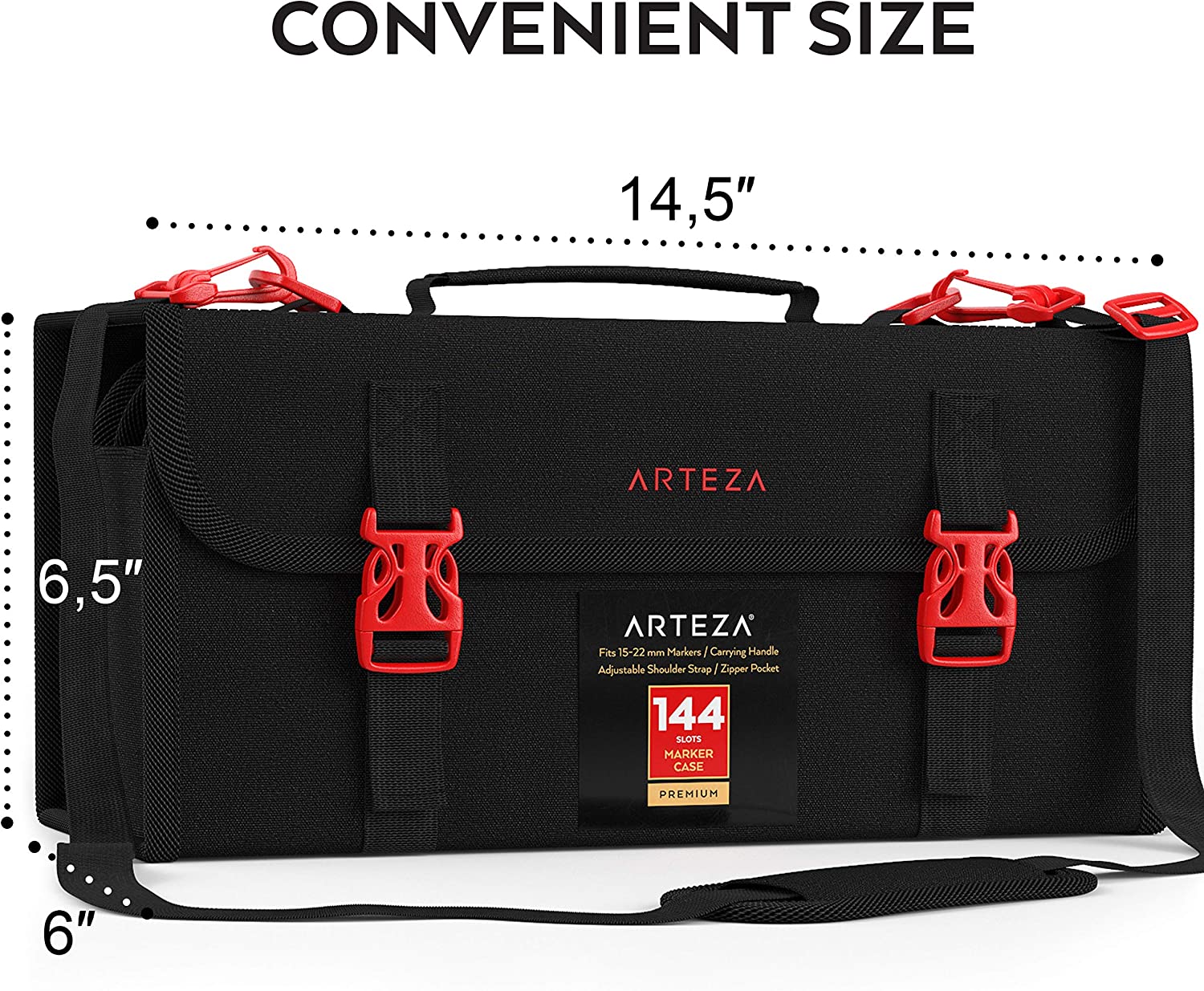 Arteza Art Markers & Pens Organizer, 144 Slots, Carrying Travel Case with Zipper Pocket and Handle, Removable and Adjustable Strap, Art Supplies for Storage and Organization