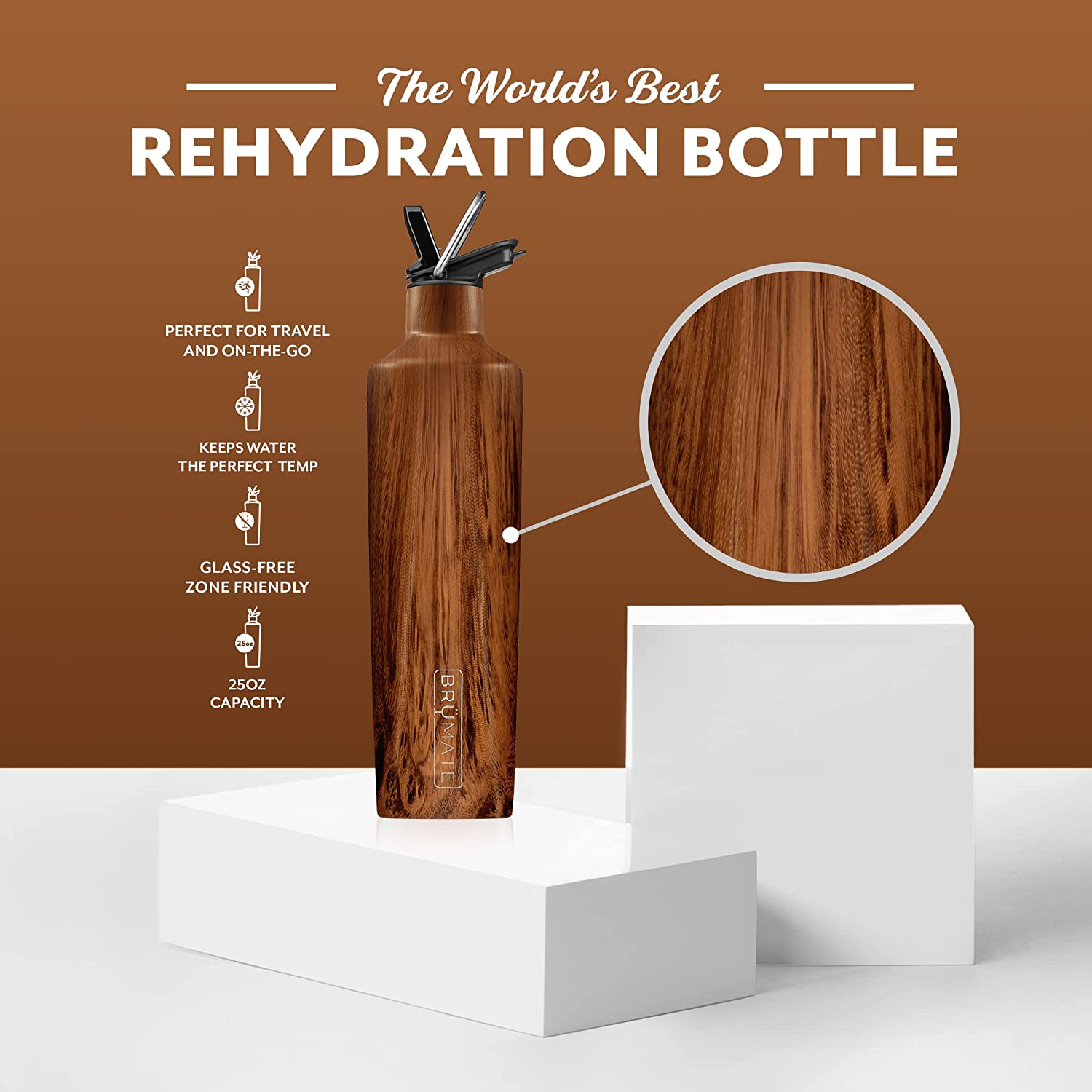 BruMate ReHydration – 100% Leakproof 25oz Insulated Water Bottle with Straw – Stainless Steel Water Canteen (Walnut)
