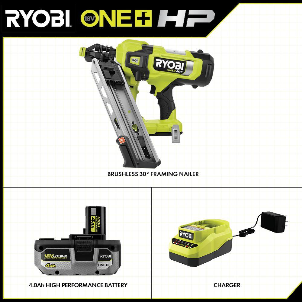 RYOBI PBL350KN ONE+ HP 18V Brushless Cordless AirStrike 30° Framing Nailer Kit with 4.0 Ah HIGH PERFORMANCE Battery and Charger