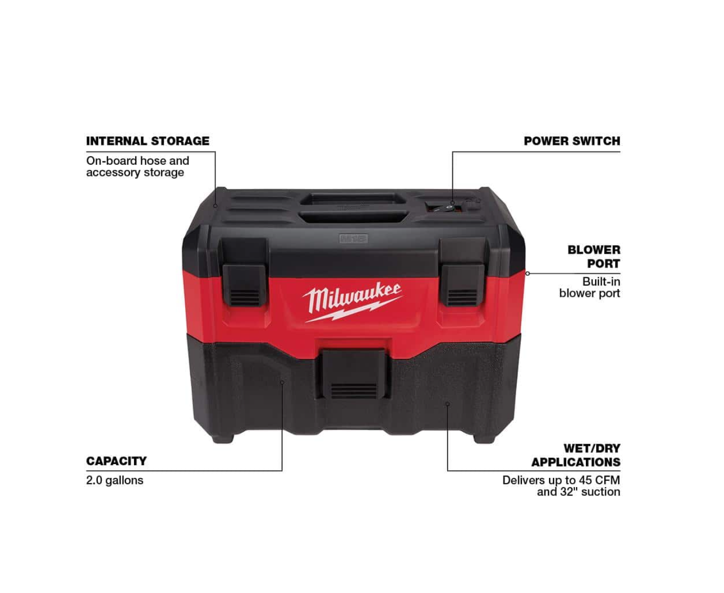 Milwaukee 0880-20-0882-20 M18 18-Volt 2 Gal. Lithium-Ion Cordless Wet/Dry Vacuum with M18 Compact Vacuum (2-Tool)