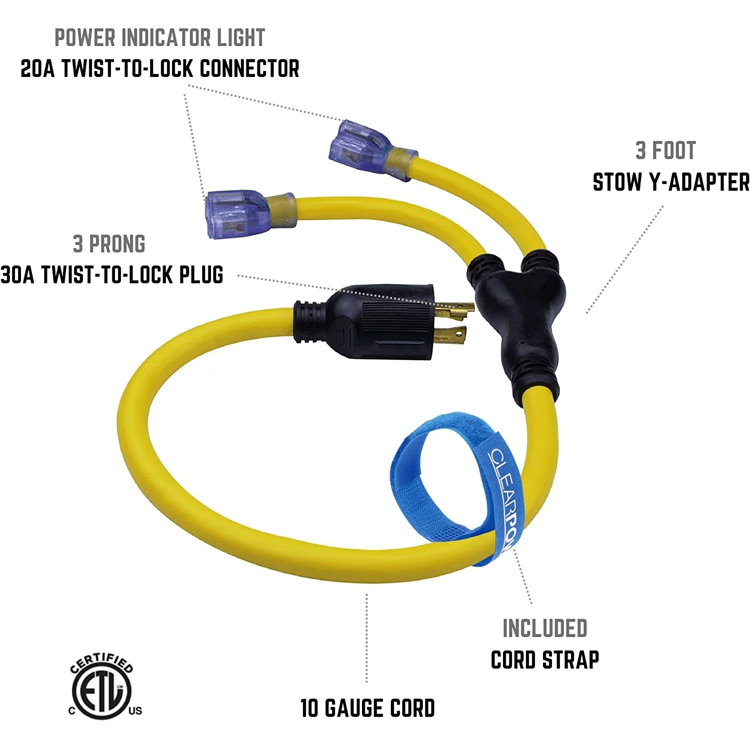 Jiaiun 3 ft 10/4 Stow Y Adapter Extension Cord Adapter. Ideal for Generators. Inverts. Marine & RV. or Temporary Power Boxes. Yellow. CP10139
