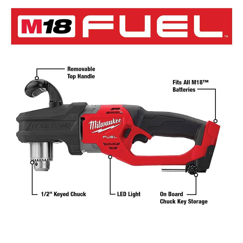 Milwaukee 2807-20 M18 FUEL GEN II 18V Lithium-Ion Brushless Cordless 1/2 in. Hole Hawg Right Angle Drill (Tool-Only)