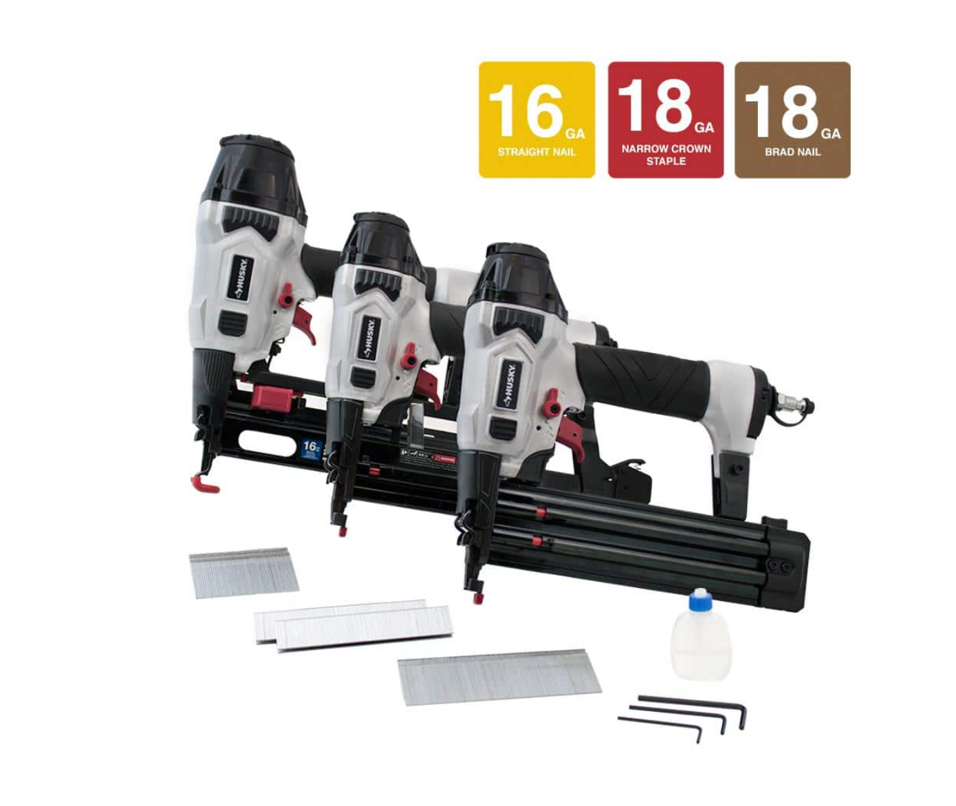 Husky DP3PFKCB Finish Kit with 16-Gauge Finish Nailer, 18-Gauge Brad Nailer and 18-Gauge Stapler (3-Piece)