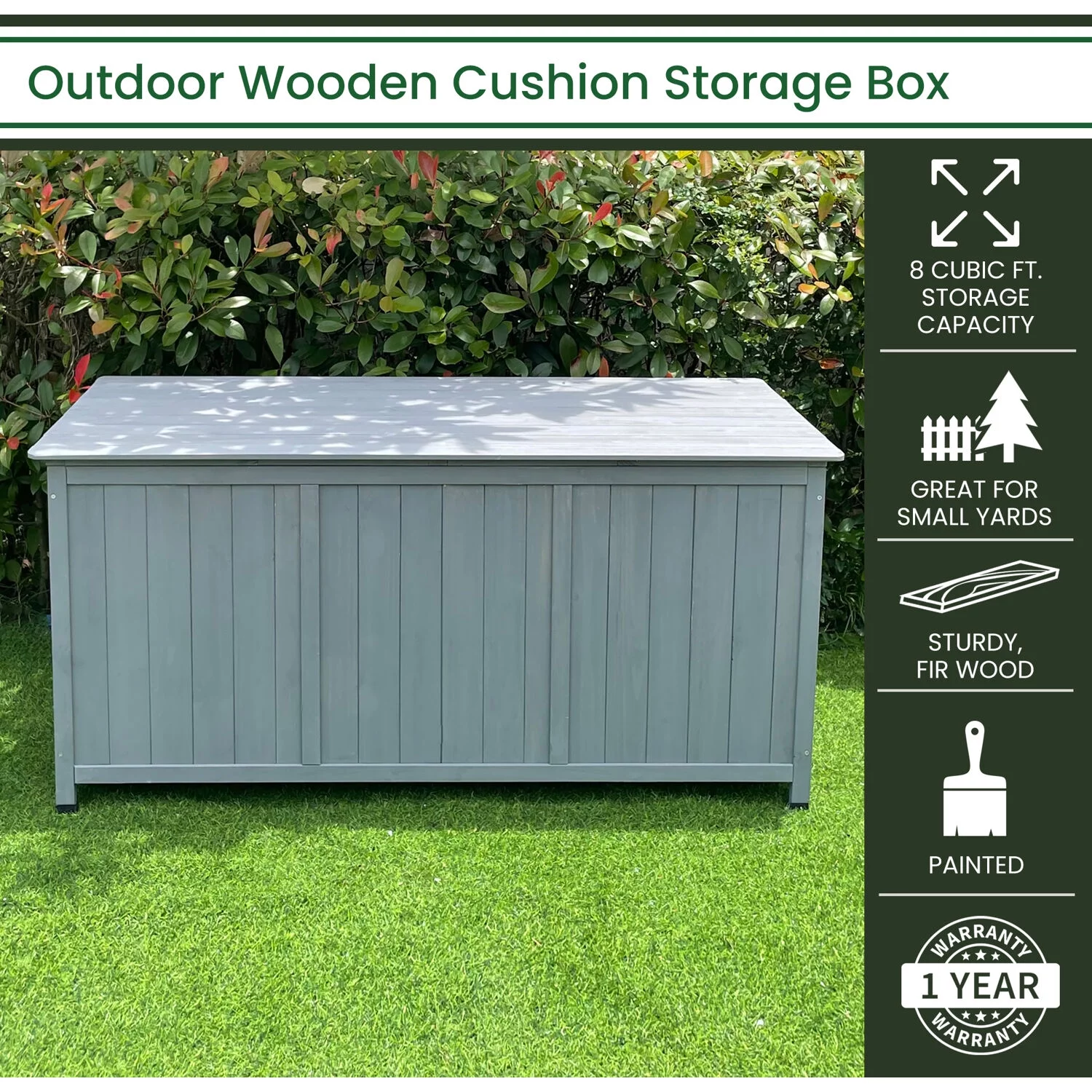 Hanover Outdoor Wooden Storage Cushion Box | Spacious Container for Patio Furniture Accessories. Pool Supplies. & Pillows | 8 Cu. Ft. Capacity | Grey