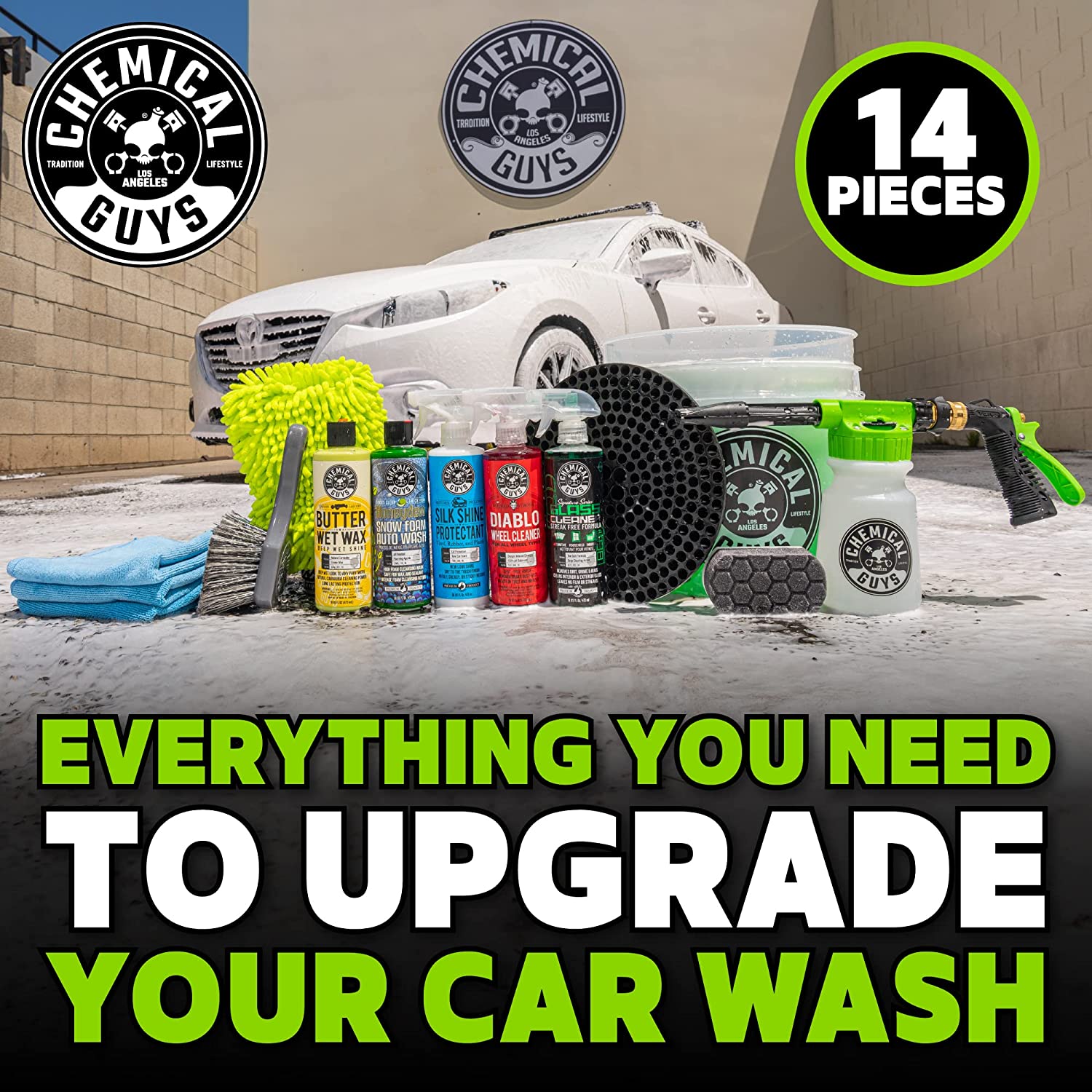 Chemical Guys HOL126 14-Piece Arsenal Builder Car Wash Kit with Foam Gun, Bucket and (5) 16 oz Car Care Cleaning Chemicals (Works w/Garden Hose) , White