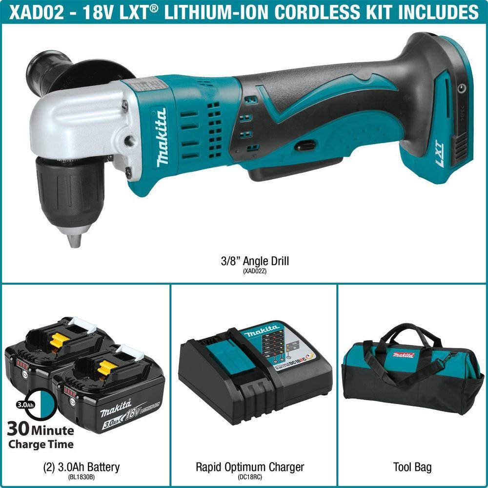 Makita XAD02 18V LXT Lithium-Ion 3/8 in. Cordless Angle Drill Kit with (2) Batteries 3.0Ah, Charger, Tool Bag