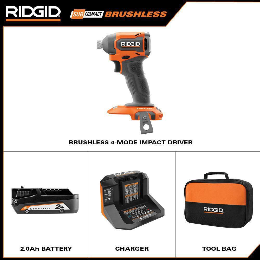RIDGID R872311K 18V SubCompact Brushless Cordless Impact Driver Kit with 2.0 Ah Battery, Charger, and Tool Bag