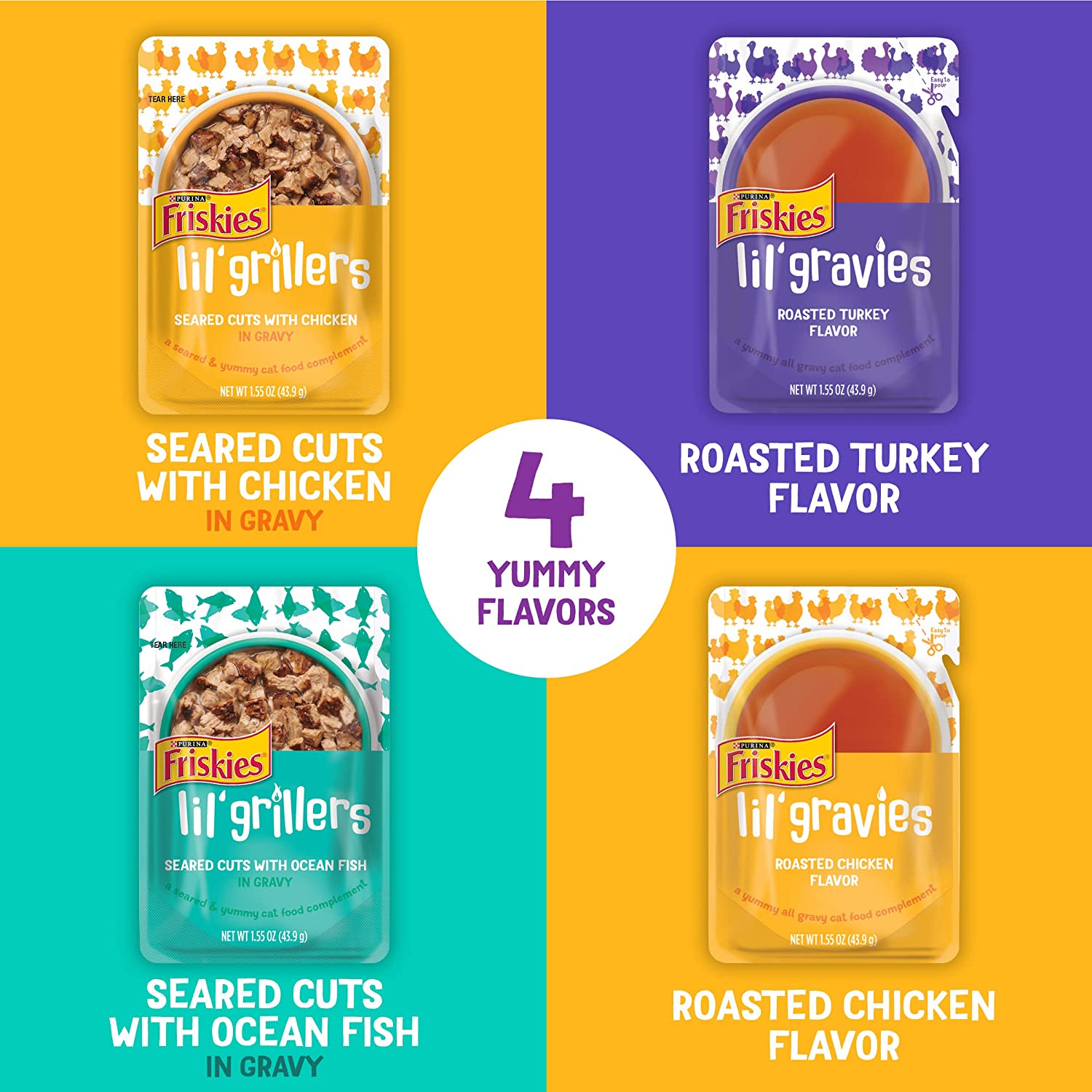 Purina Friskies Gravy Wet Cat Food Complement Variety Pack Lil’ Gravies and Lil’ Grillers – (30) 1.55 oz. Pouches
