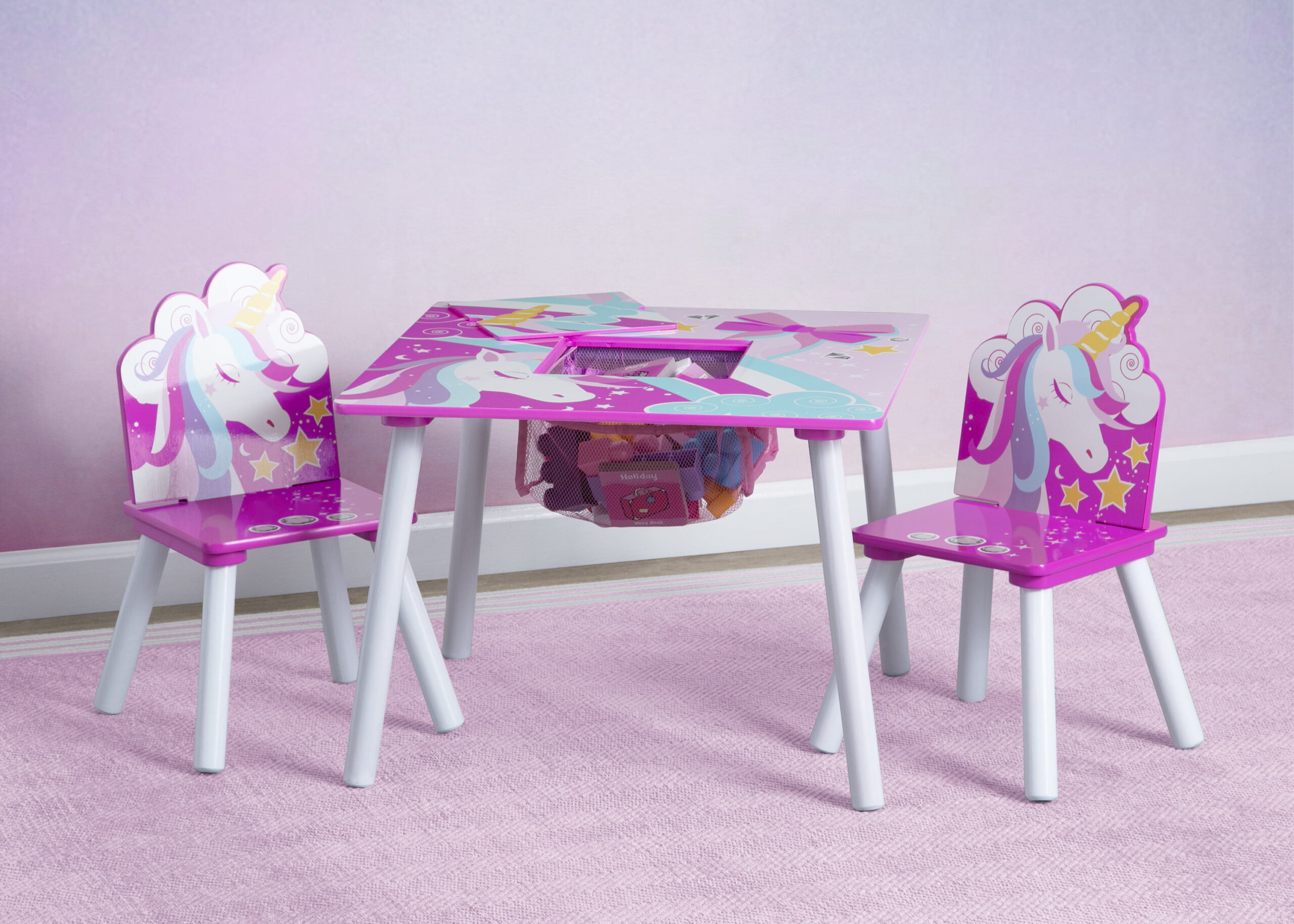 Delta Children Unicorn Table and Chair Set With Storage (2 Chairs Included) – Greenguard Gold Certified, Pink