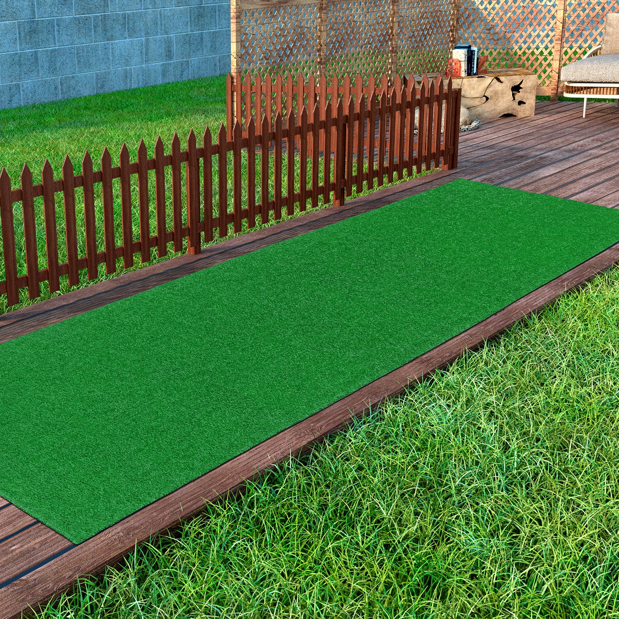 Sweet Home Stores Waterproof 3x7 Indoor/Outdoor Artificial Grass Rug for Patio Pet Deck. 2'7 x 7'. Green