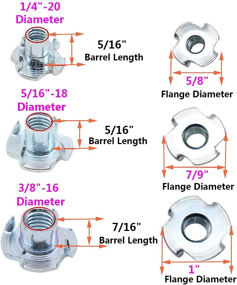 120 pcs zinc plated steel t nut 4 pronged tee blind nuts assortment kit for wood