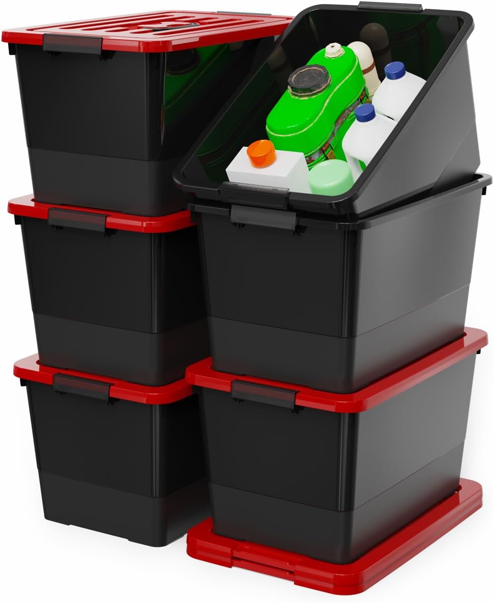 WYT 53 Quart Stackable Plastic Storage Bins with Red Lids, 6 Pack Black