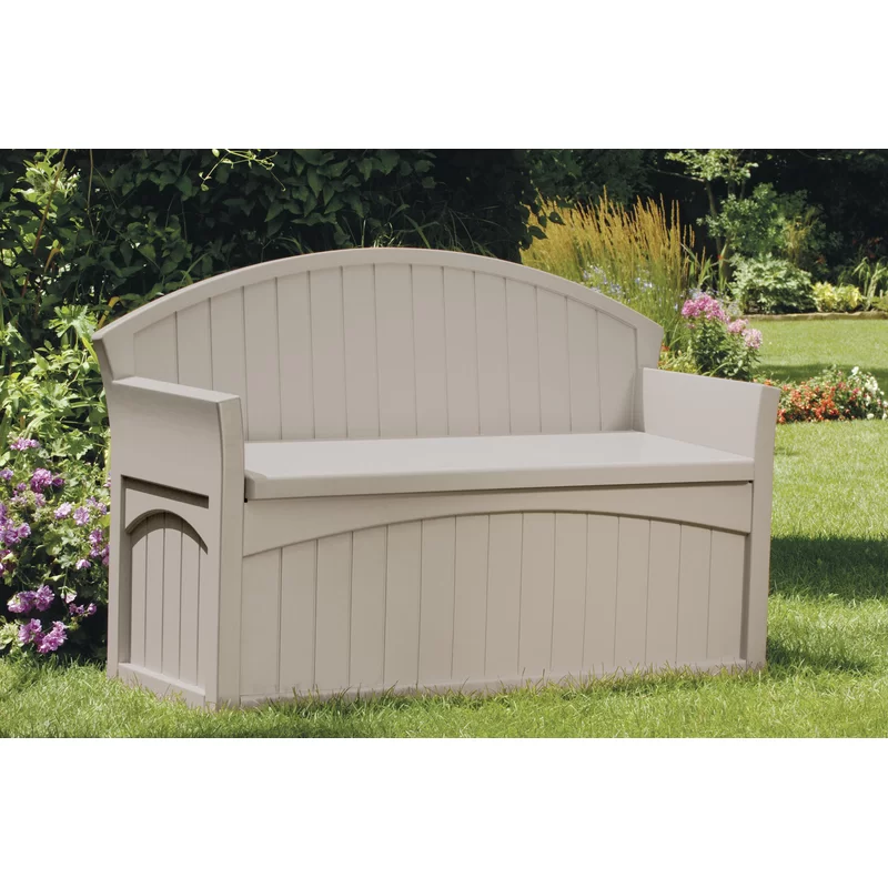 Suncast PB6700 50 Gallon Patio Bench with Storage – Decorative Resin Outdoor Patio Bench in Light Taupe