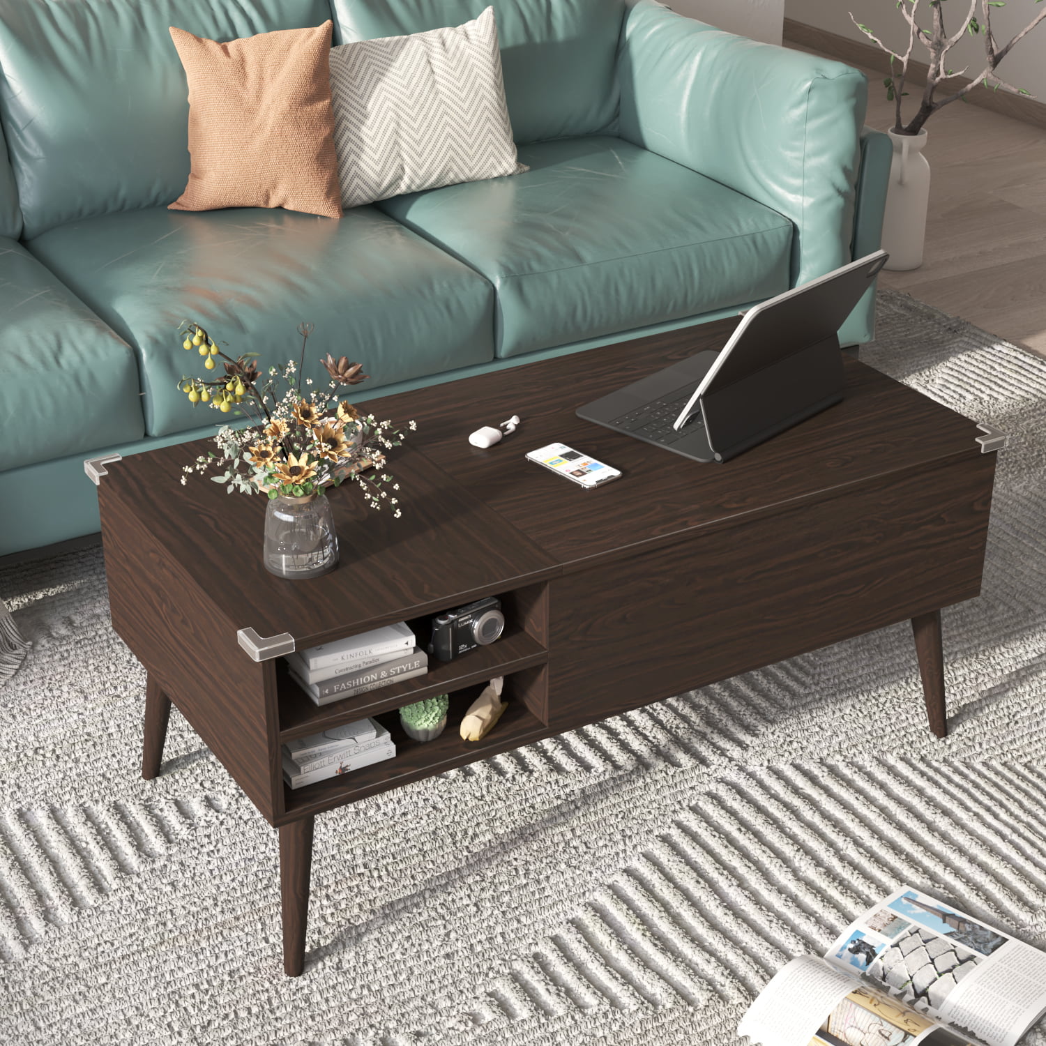 Furmax 39 Inch Wood Lift Top Coffee Table with Hidden Compartment and Storage Shelf, Lift Tabletop Dining Table for Home Living Room Bedroom, Office