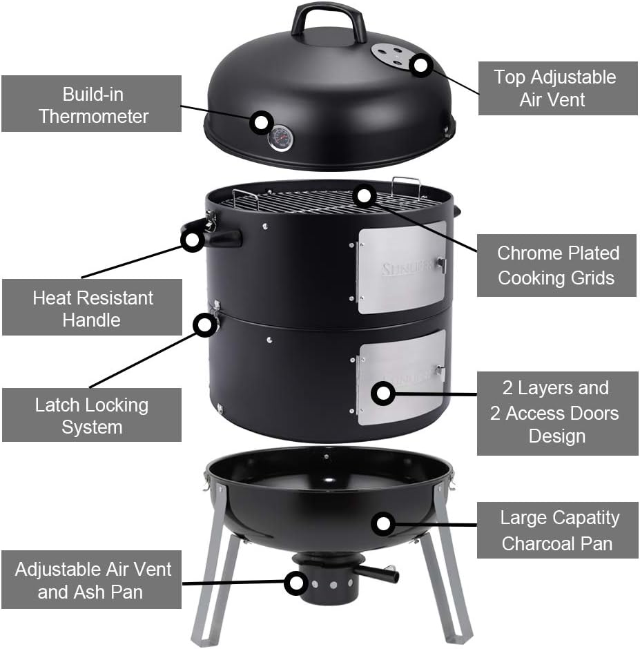 SUNLIFER 20.5 Inch Vertical Charcoal Smoker and Grill Combo, Heavy-Duty BBQ Smokers for Outdoor Cooking Camping