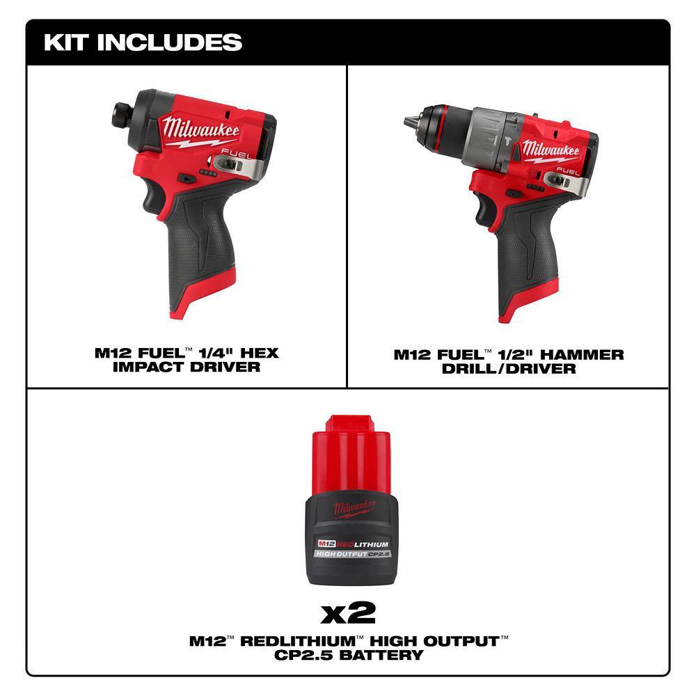 Milwaukee 3453-20-3404-20-48-11-2425-48-11-2425 M12 FUEL 12V Lithium-Ion Brushless Cordless 1/4 in Impact Driver, 1/2 in Hammer Drill w/(2) M12 CP 2.5 Ah Batteries