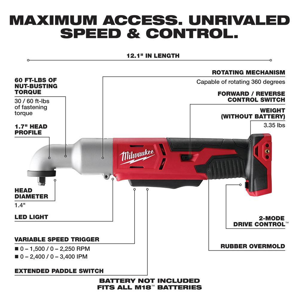 Milwaukee 2668-20 M18 18V Lithium-Ion Cordless 3/8 in. 2-Speed Right Angle Impact Wrench (Tool-Only)
