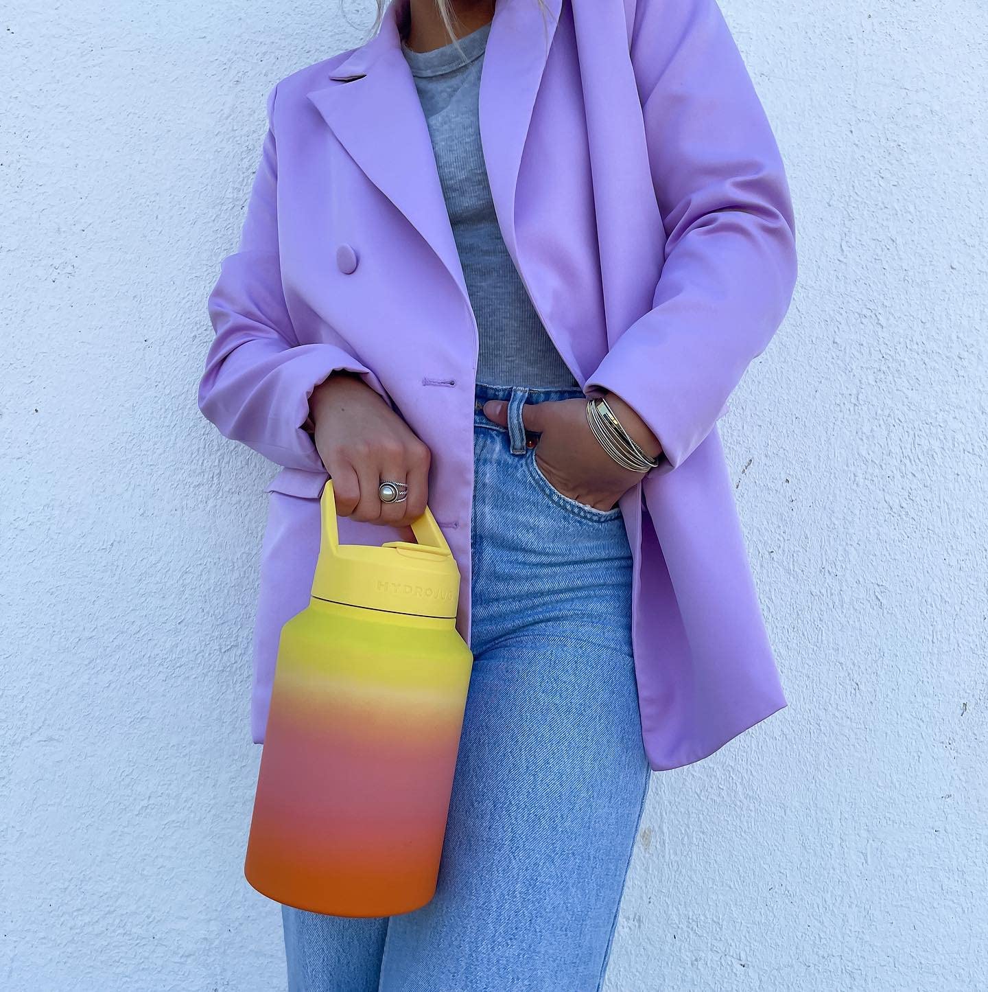 HydroJug 64oz Half Gallon Water Bottle – Stainless Steel Insulated – Keep Cold 24 Hrs – Silicone Base -Dual Function Lid for Straw or Sip -Reach Hydration & Fitness Goals w Hydro Jug (Sunrise Yellow)