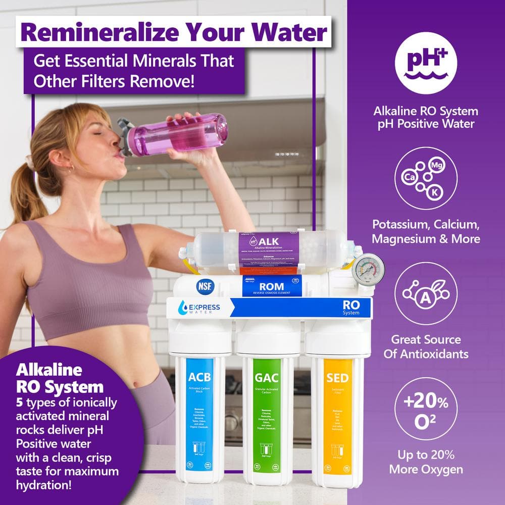 Express Water ROALK10MGBN Reverse Osmosis Alkaline Water Filtration System – 10 Stage RO Water Filter with Faucet and Tank – 100 GPD