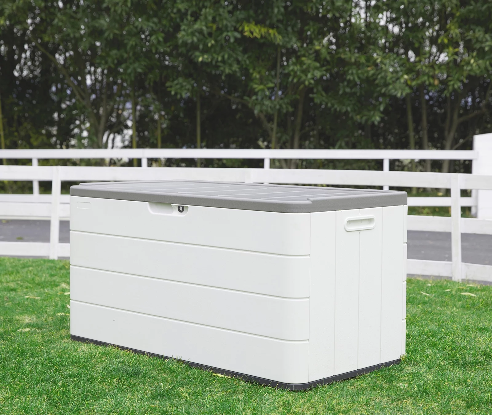KINGYING 85 Gallon Outdoor Storage Box. Deck Storage Box Waterproof for Cushion Storage. Garden Tools.Pool Accessories. Lockable Outdoor Storage Bin. Light Beige