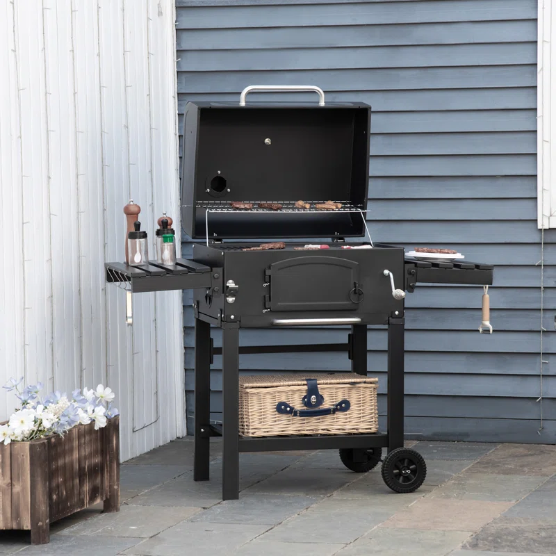 Outsunny 846-077 Metal Charcoal Smoker in Black Grill BBQ with Adjustable Height and Folding Shelves