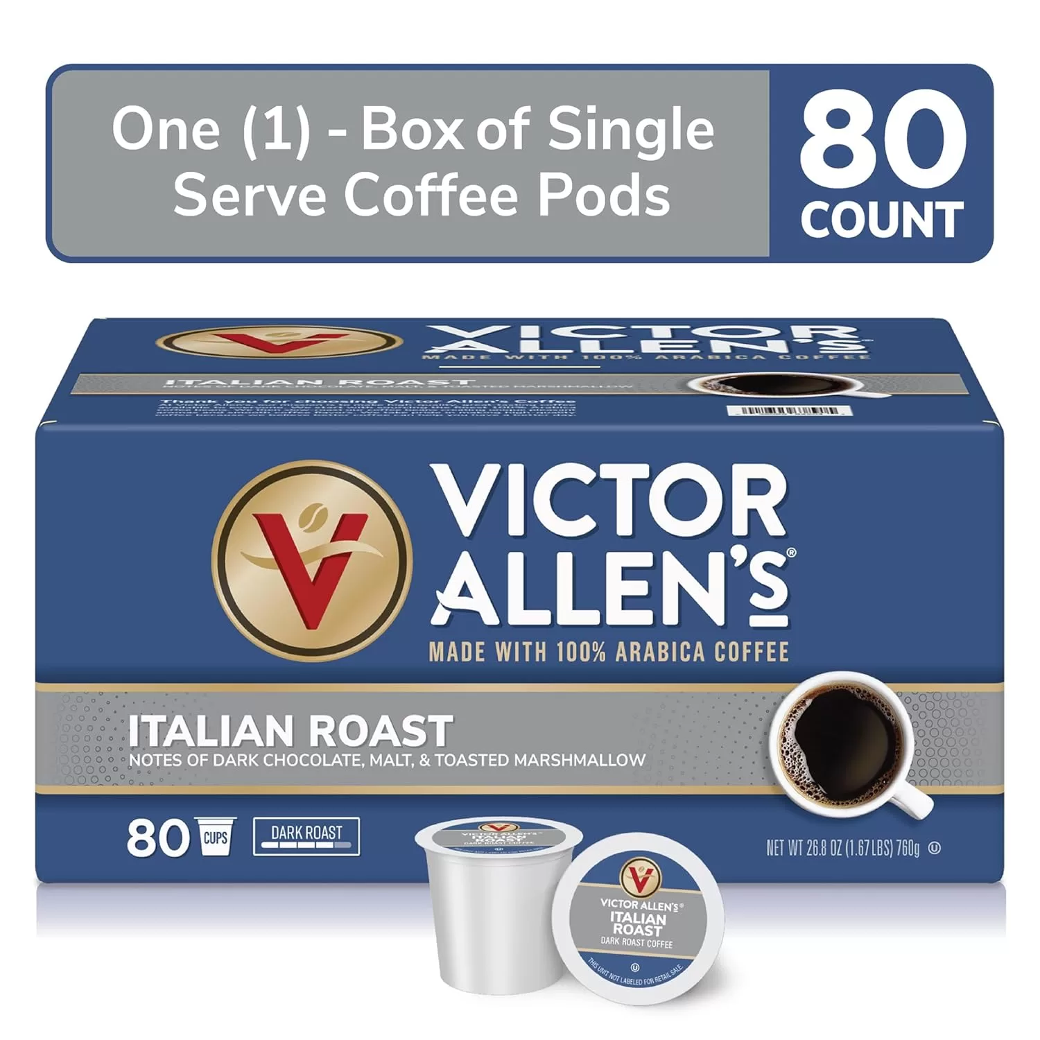 Victor Allen’s Coffee Italian Roast, Dark Roast, 80 Count, Single Serve Coffee Pods for Keurig K-Cup Brewers