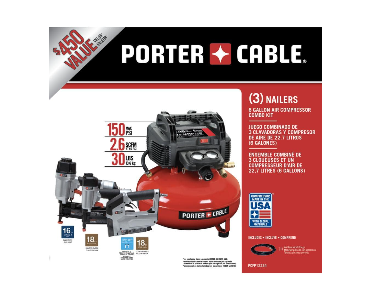 Porter-Cable PCFP12234 6 Gal. 150 PSI Portable Electric Air Compressor, 16-Gauge Nailer, 18-Gauge Nailer and 3/8 in. Stapler Combo Kit (3-Tool)