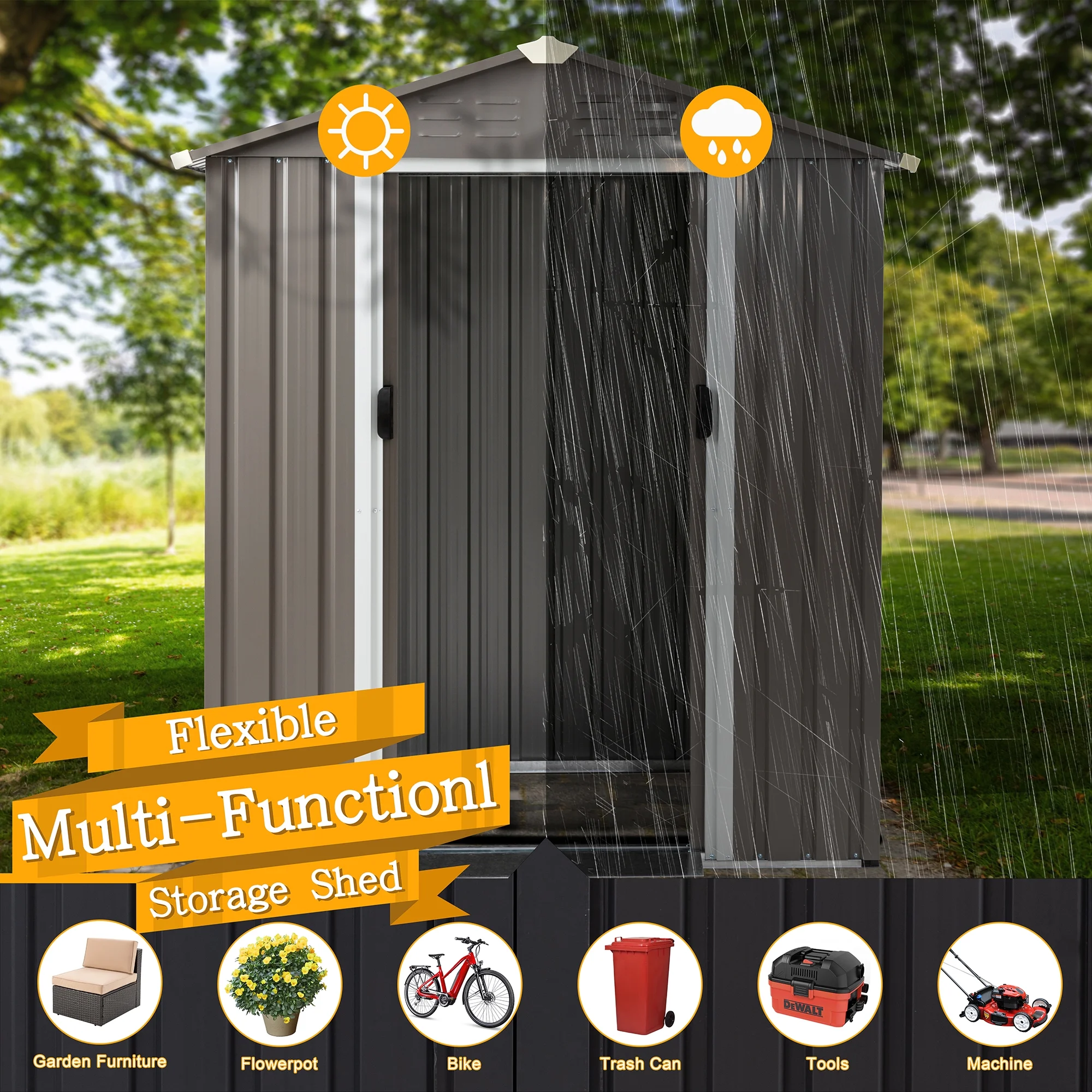 Walsunny 5X3 FT Outdoor Storage Shed.Waterproof Metal Garden Sheds with Lockable Double Door.Weather Resistant Steel Tool Storage House Shed Grey