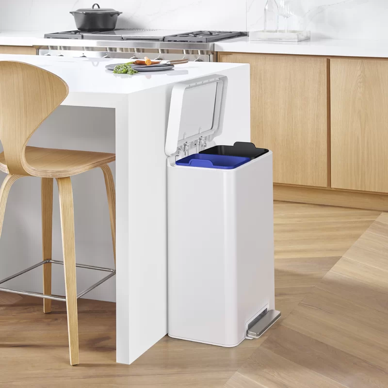 KOHLER K-20956-STW 11 Gallon Hands-Free Dual Compartment Recycling Kitchen Step Can, Trash Can with Foot Pedal, Quiet-Close Lid, White Stainless Steel