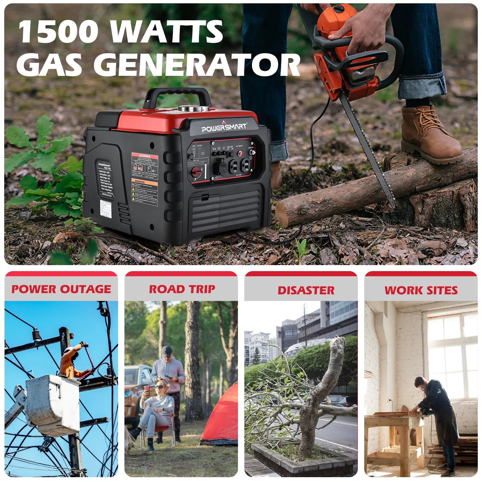 PowerSmart 1500 Watt Portable Gas Power Generator for Outdoor Camping and Home Use. Inverter Generator