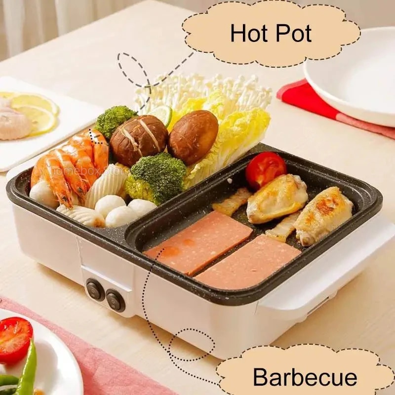 110v220v 2 in 1 electric hot pot cooker bbq grill multicooker electric bbq grill non stick plate barbecue pan cooking pot 1200w 5653