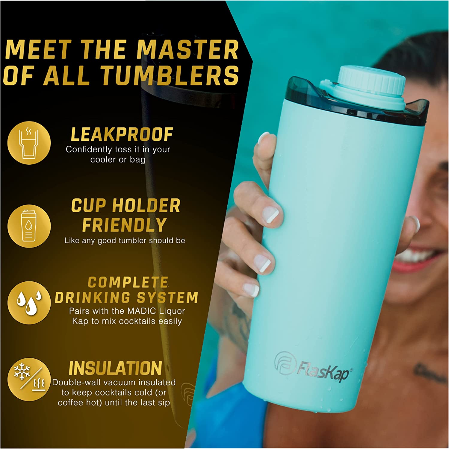 FlasKap VOLST 22 Insulated Tumbler with Standard Lid | Double-Wall Vacuum Insulated – Leak-Proof, Cup Holder Friendly, Fits MADIC 6 (22 oz, Seafoam Green)