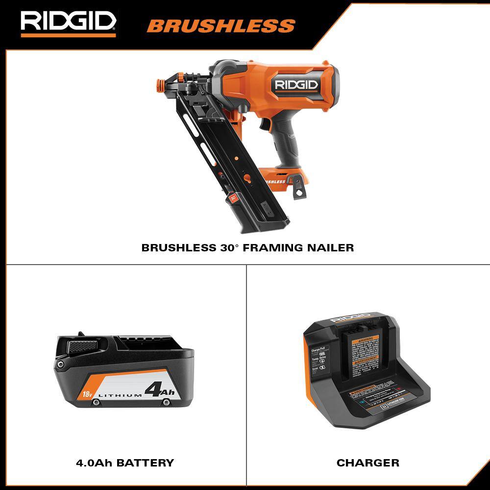 RIDGID R09895KN-AC840040 18V Brushless Cordless 30° Framing Nailer Kit with 4.0 Ah Battery and Charger with 18V 4.0 Ah MAX Output Battery