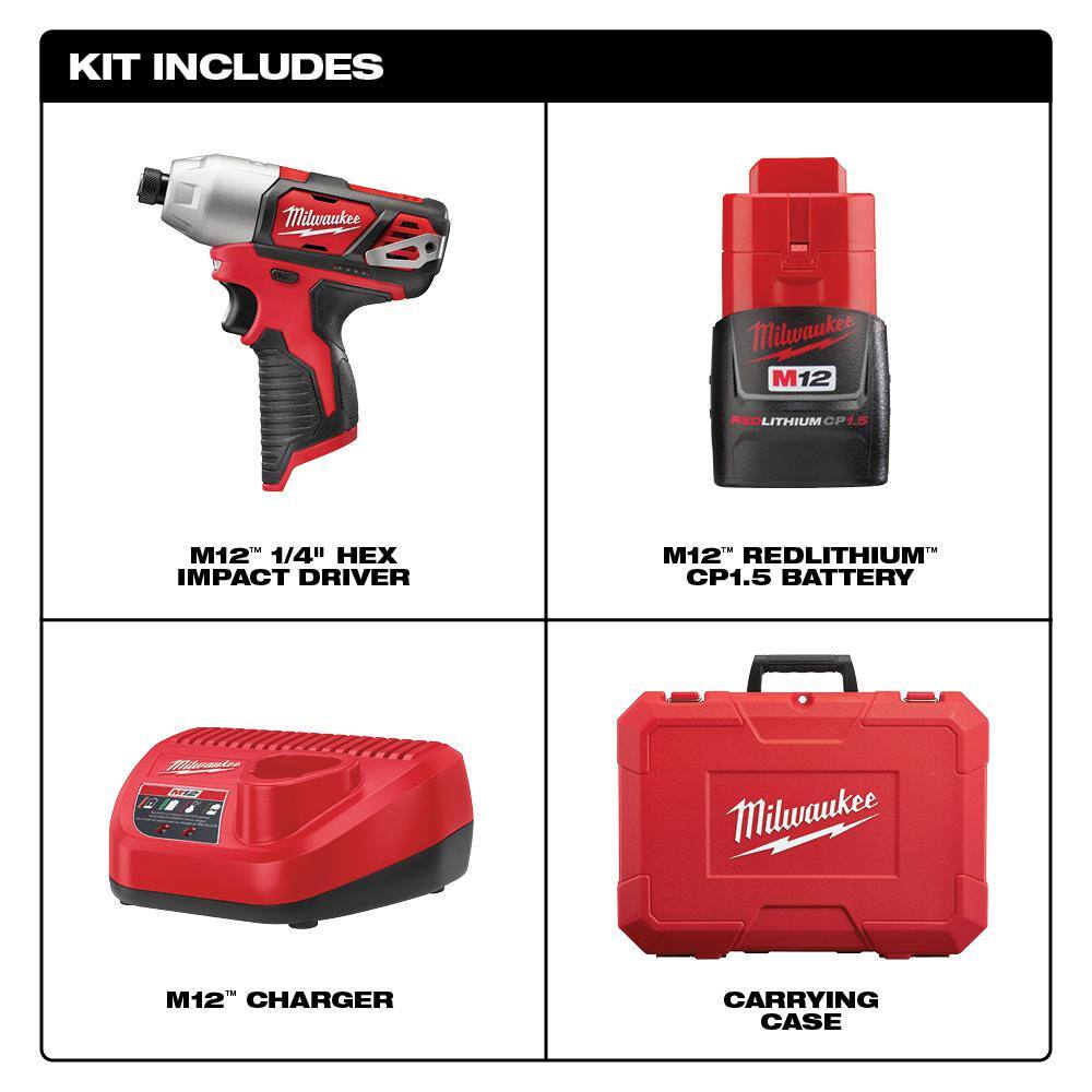 Milwaukee 2462-22 M12 12V Lithium-Ion Cordless 1/4 in. Impact Driver Kit W/(2) 1.5Ah Batteries, Charger & Case