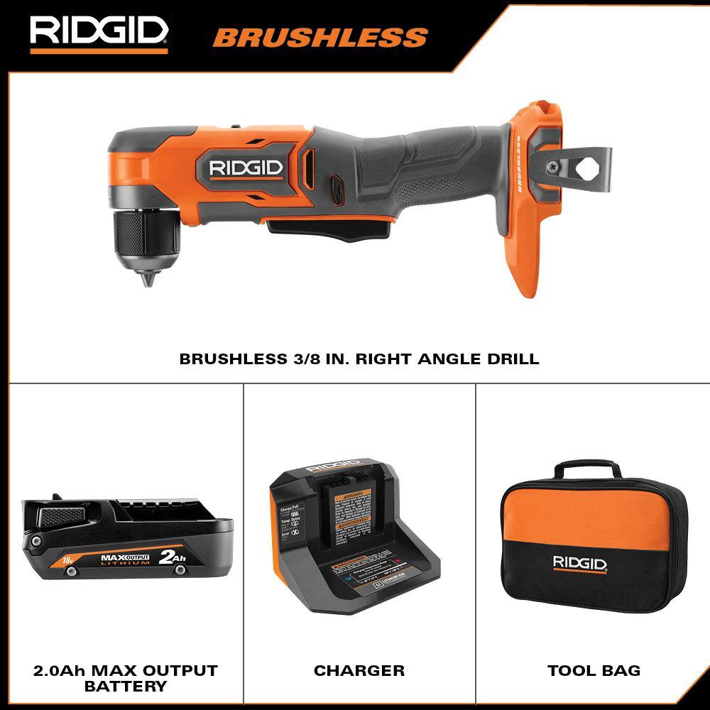 RIDGID R87701K 18V SubCompact Brushless Cordless 3/8 in. Right Angle Drill Kit with 2.0 Ah MAX Output Battery and Charger