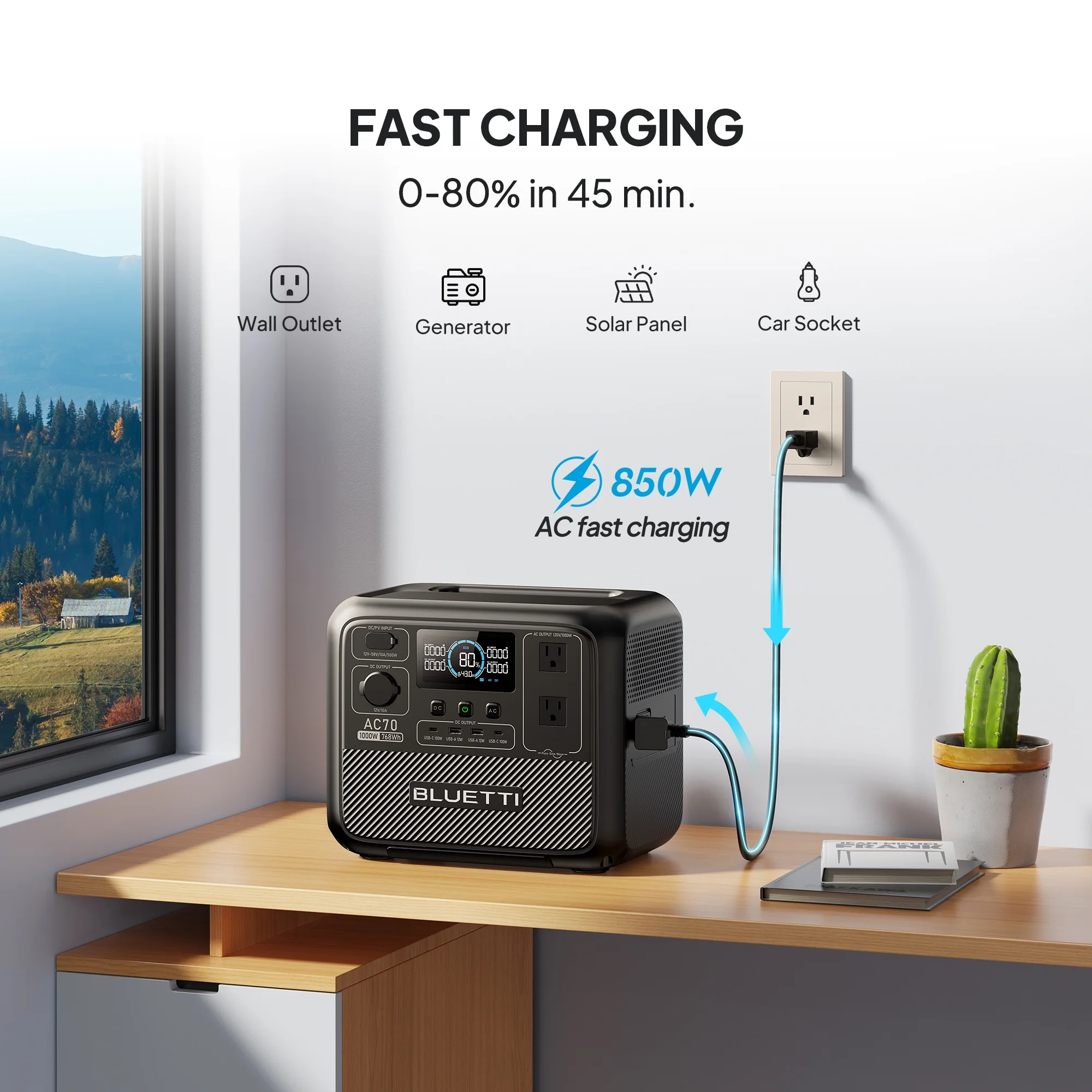 BLUETTI AC70 Portable Solar Generator and PV350 Solar Panel. 768Wh LiFePO4 Power Station. 80% Charge in 45 Mins. 1000W Rated Power (2000W Lifting Power) for Camping. Hiking. Home Backup