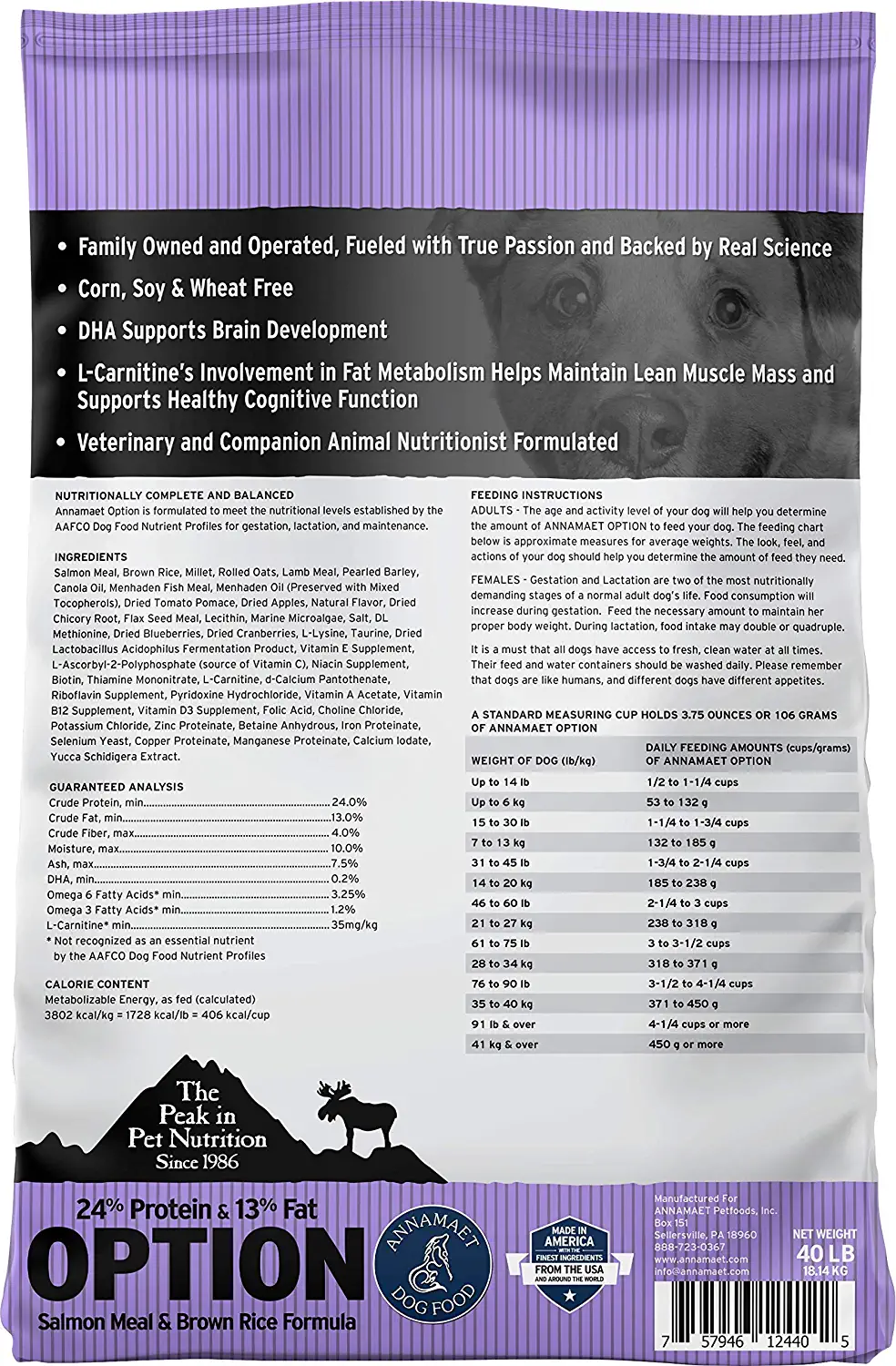 Annamaet Original Option Formula Dry Dog Food 24% Protein (Salmon & Brown Rice) 40-lb Bag