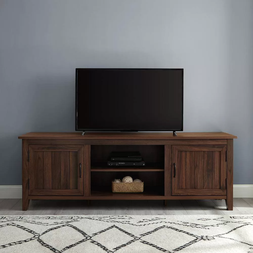 Walker Edison Furniture Company  70 in. Dark Walnut Composite TV Stand Fits TVs Up to 78 in. with Storage Doors