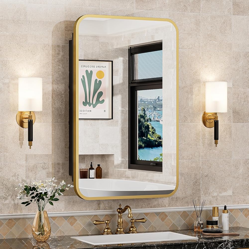 16x24 Inch Mirror Medicine Cabinet for Bathroom Gold Metal Frame ...